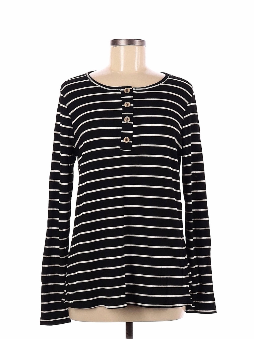 Striped Black & White Henley Long-Sleeve Top